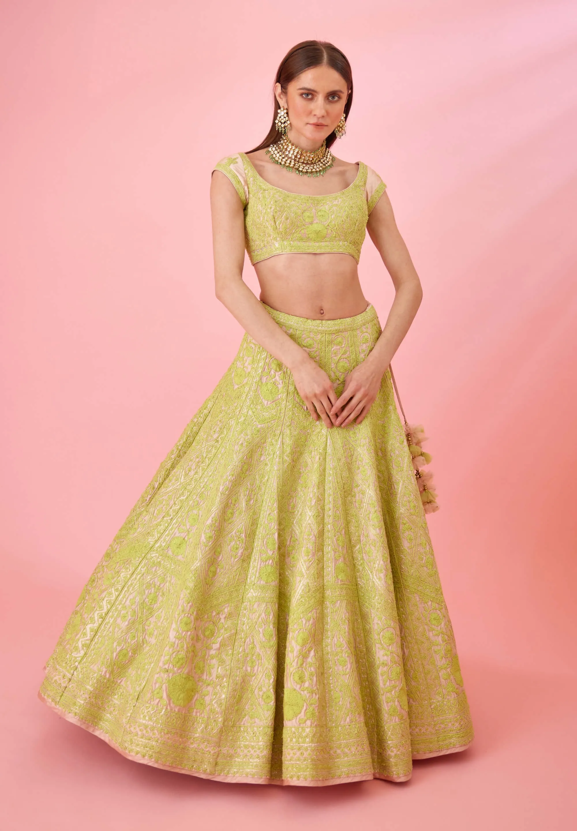 Yellow pink threadwork lehenga set