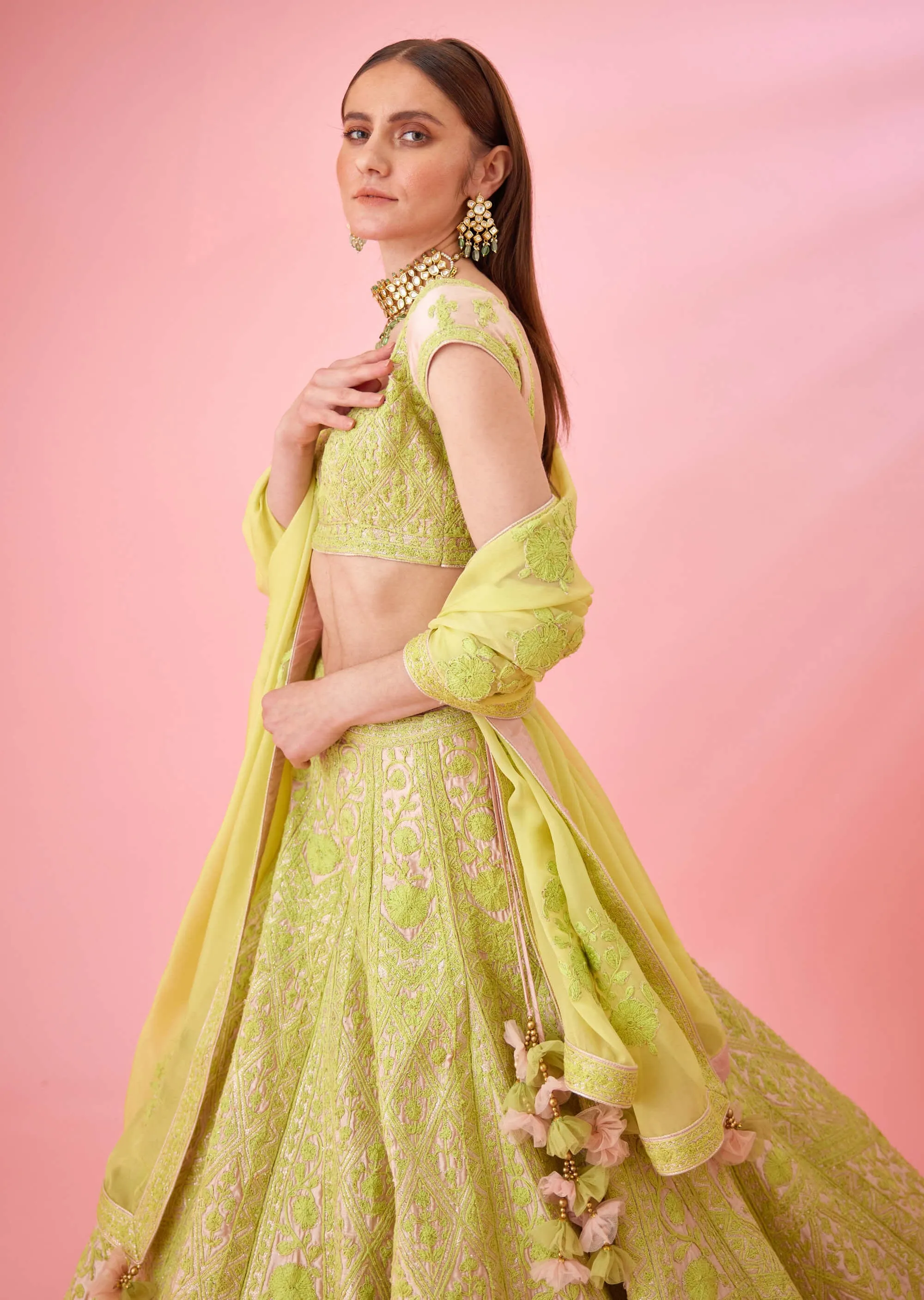 Yellow pink threadwork lehenga set