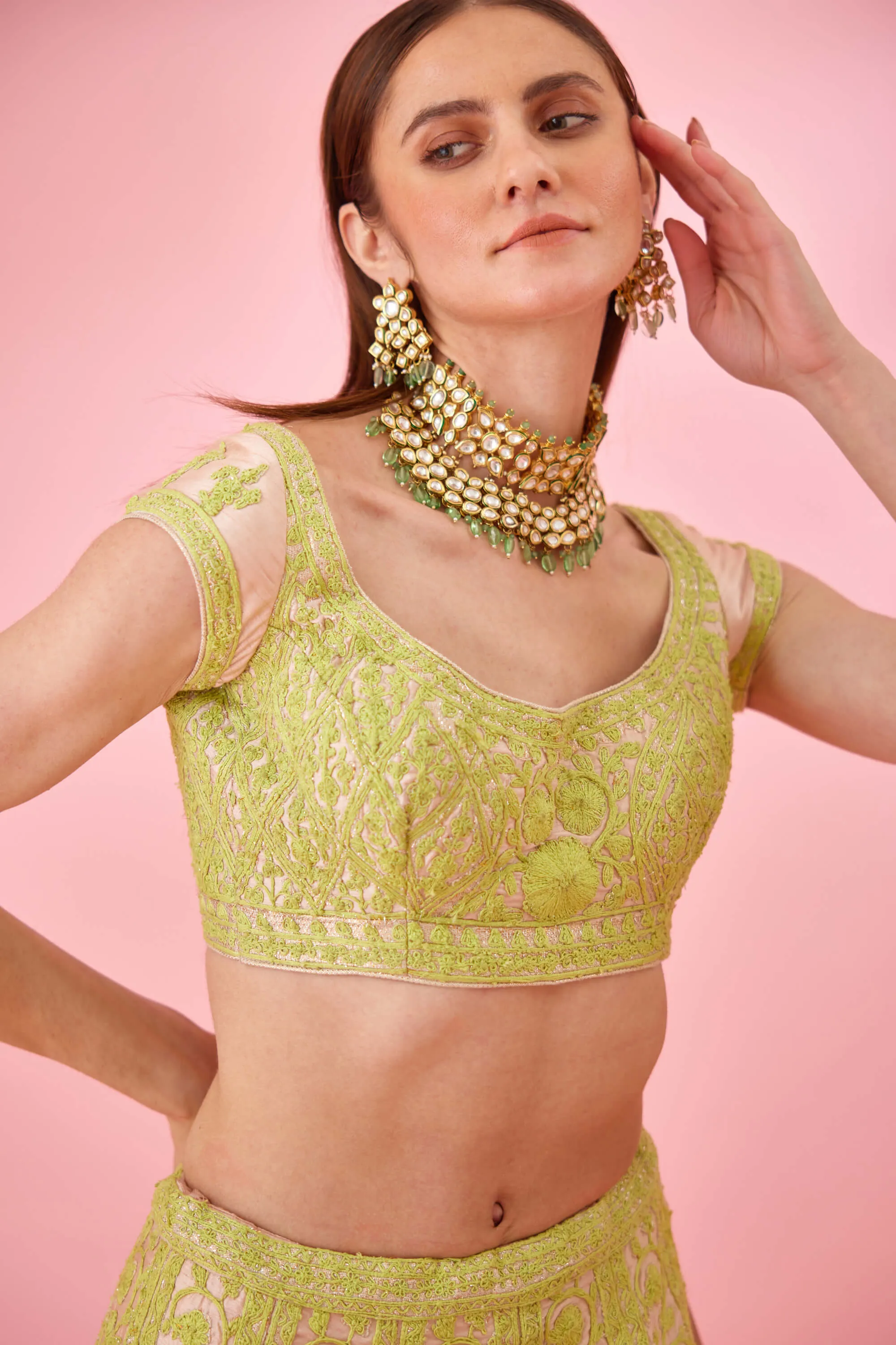 Yellow pink threadwork lehenga set