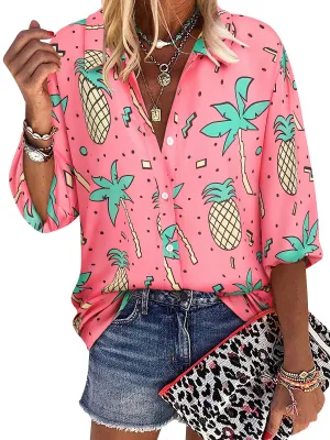 ZXZY Women Pineapple Printed Lapel Collar Half Sleeves Buttons Down Blouse Shirt